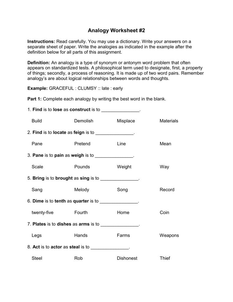 5 Analogy Worksheet 2