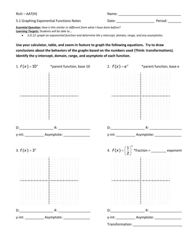 51 Graphing Exponential Functions Notes And Practice
