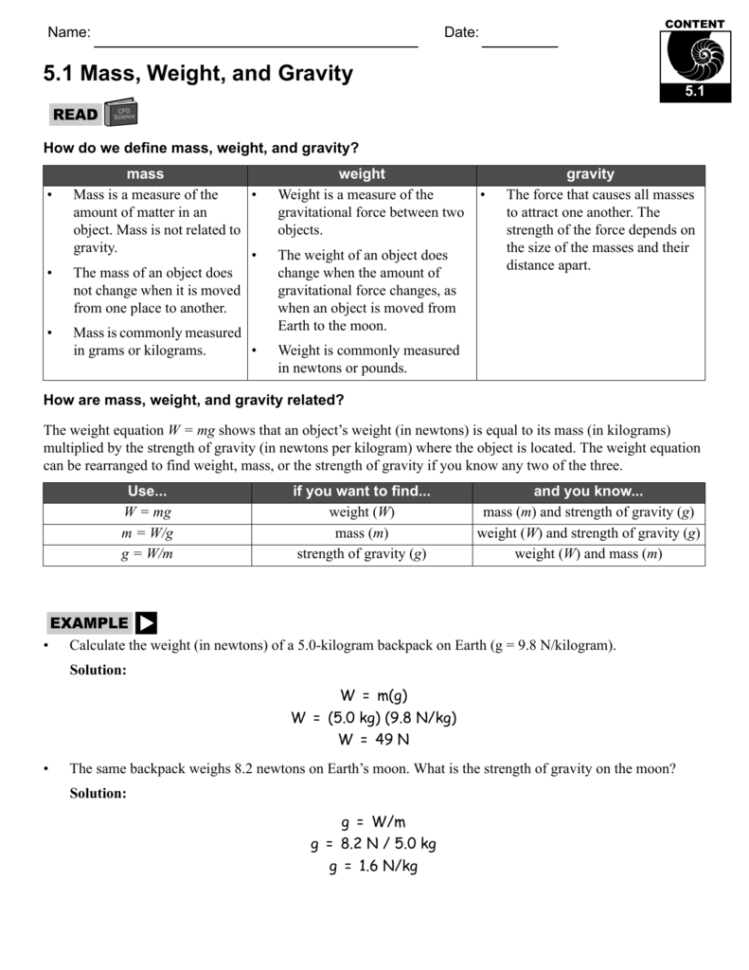 51 Mass Weight And Gravity