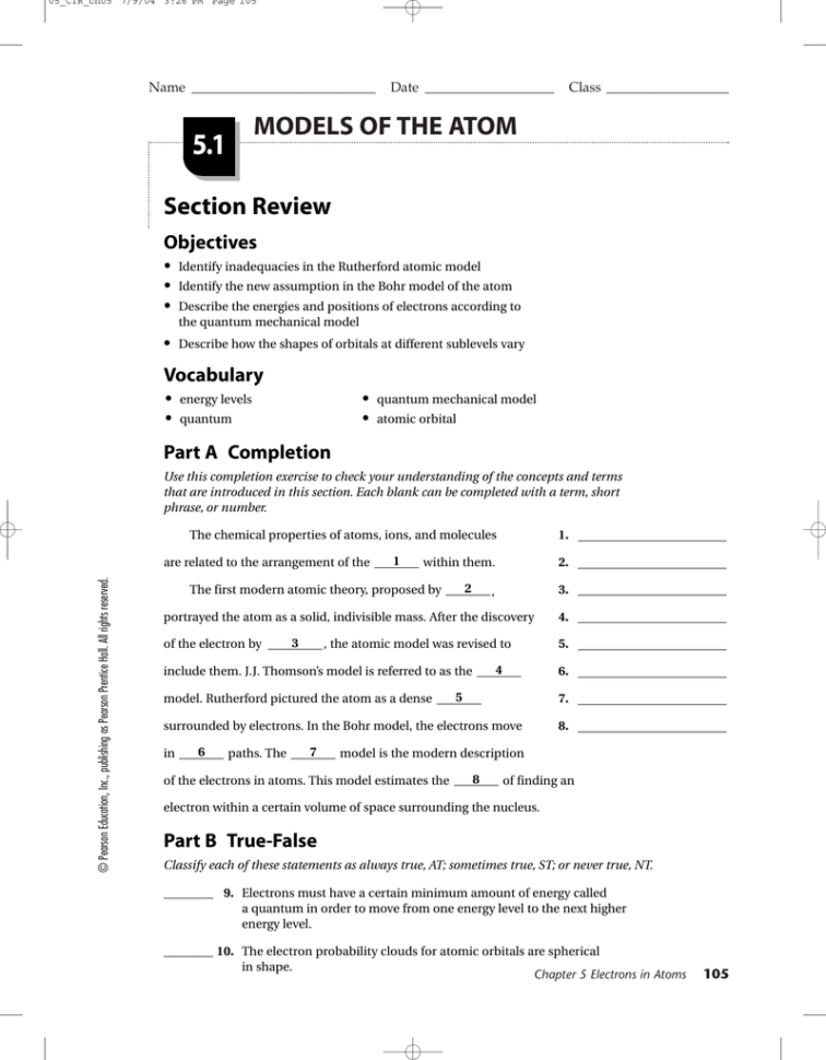 51 Models Of The Atom Section Review Objectives