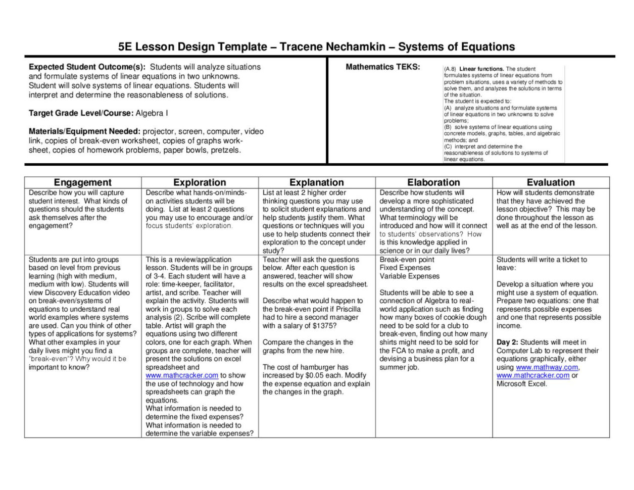 5E Lesson Plan Systems Of Equationswylie East High School