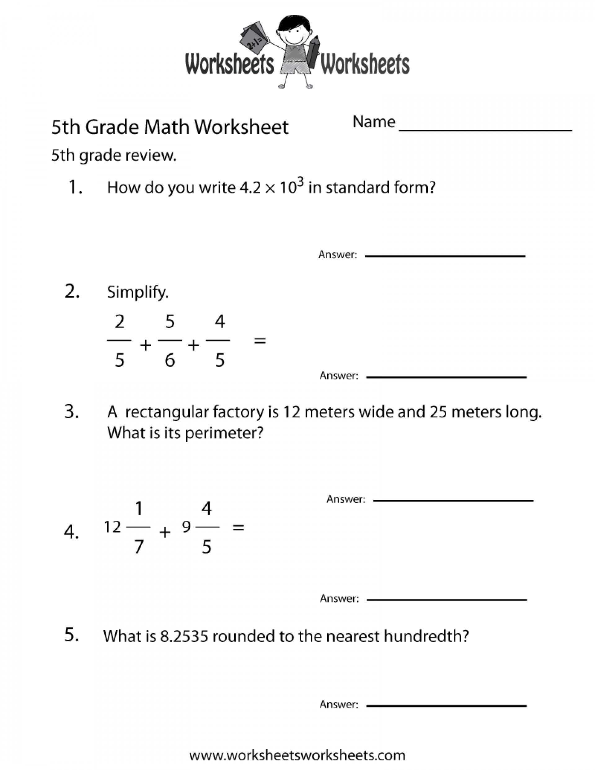 5Th Grade Math Printable Worksheets Fifth Practice Fantastic