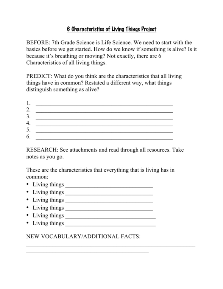 6 Characteristics Of Living Things Project