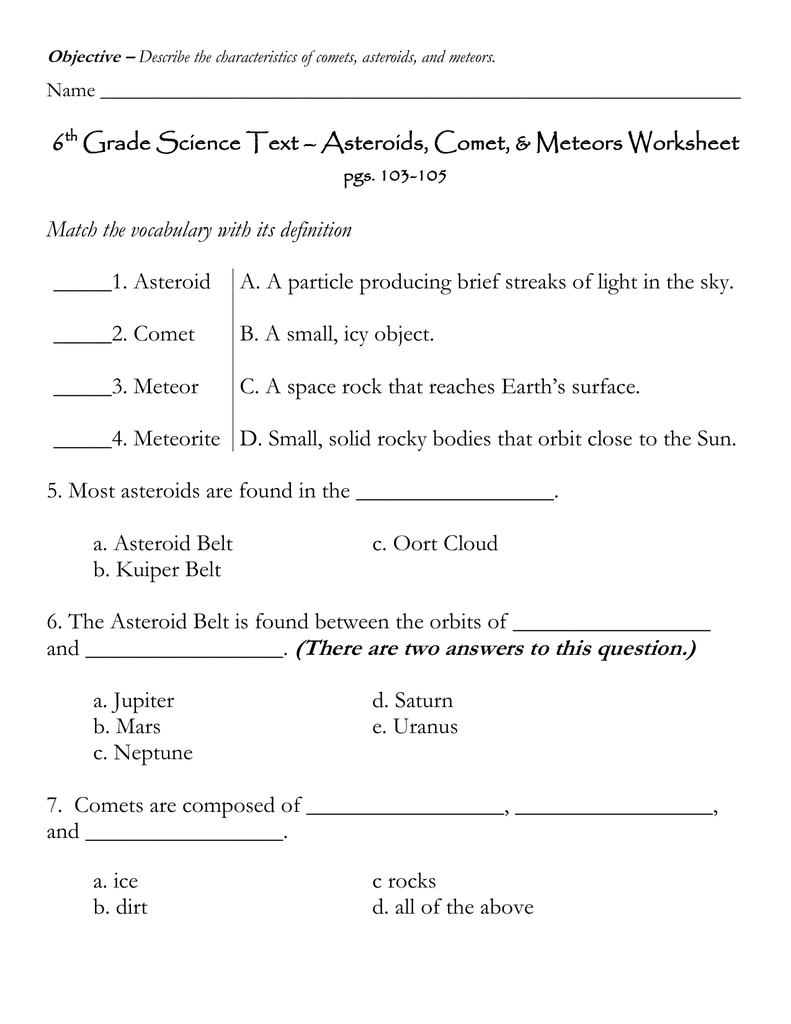 6 Grade Science Text – Asteroids Comet  Meteors