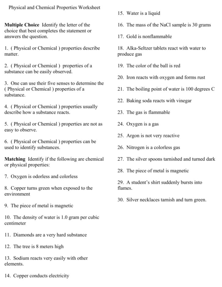Matter Properties And Changes Worksheet Answers