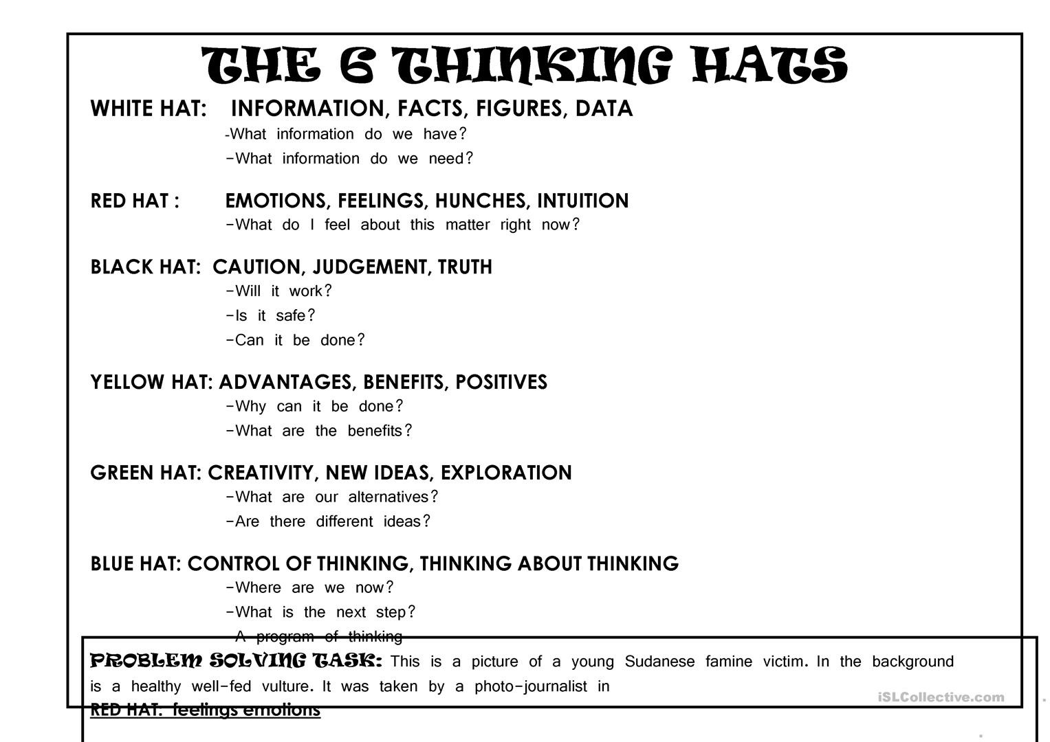 6 Thinking Hats Critical Thinking Lesson  English Esl