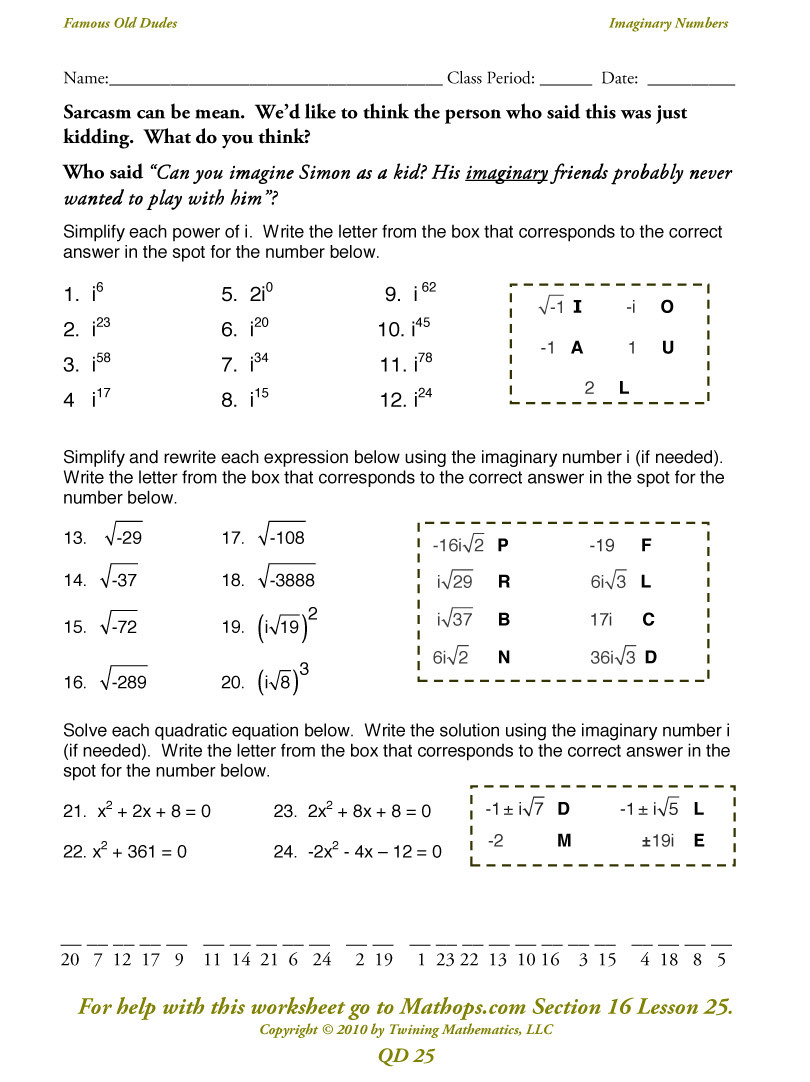 Imaginary Numbers And Complex Numbers Worksheet