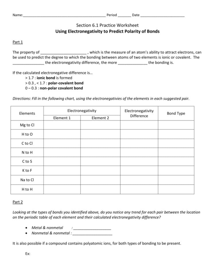 61 Practice Worksheet Using Electronegativity To Determine
