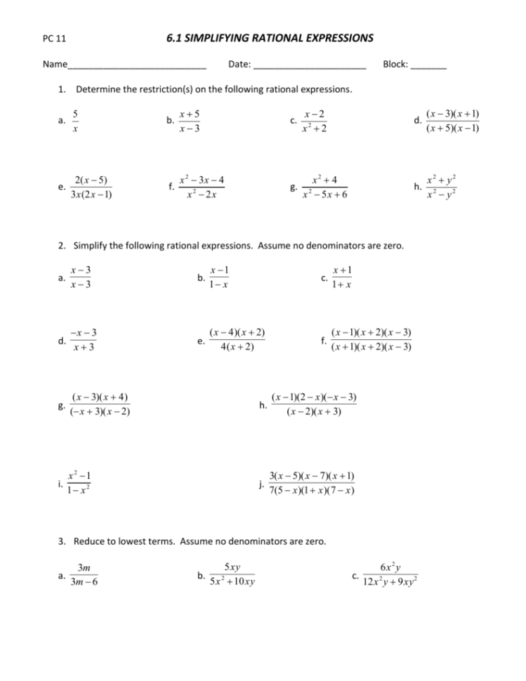 61 Simplifying Rational Expressions Worksheet