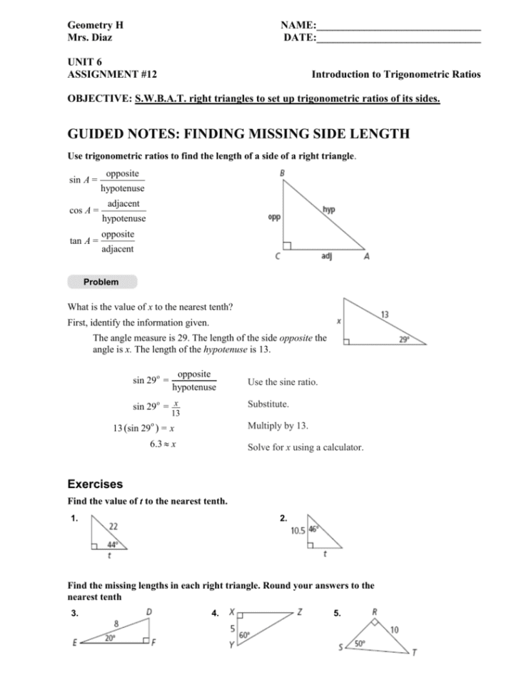 612Guided Notes On Trig Ratios