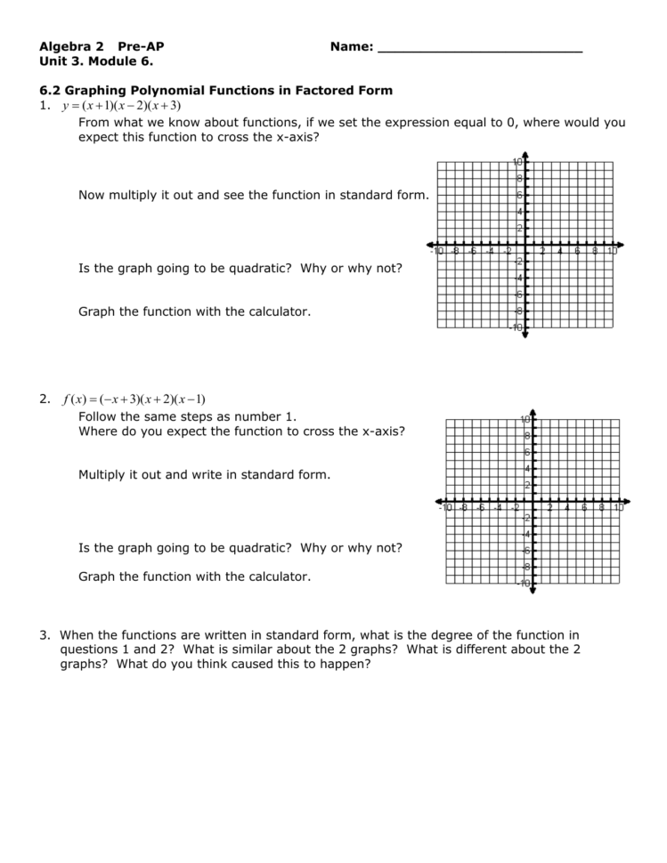 62 Graphing Polynomial Functions In Factored Form Ws