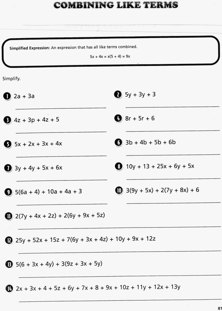 Combining Like Terms Practice Worksheet