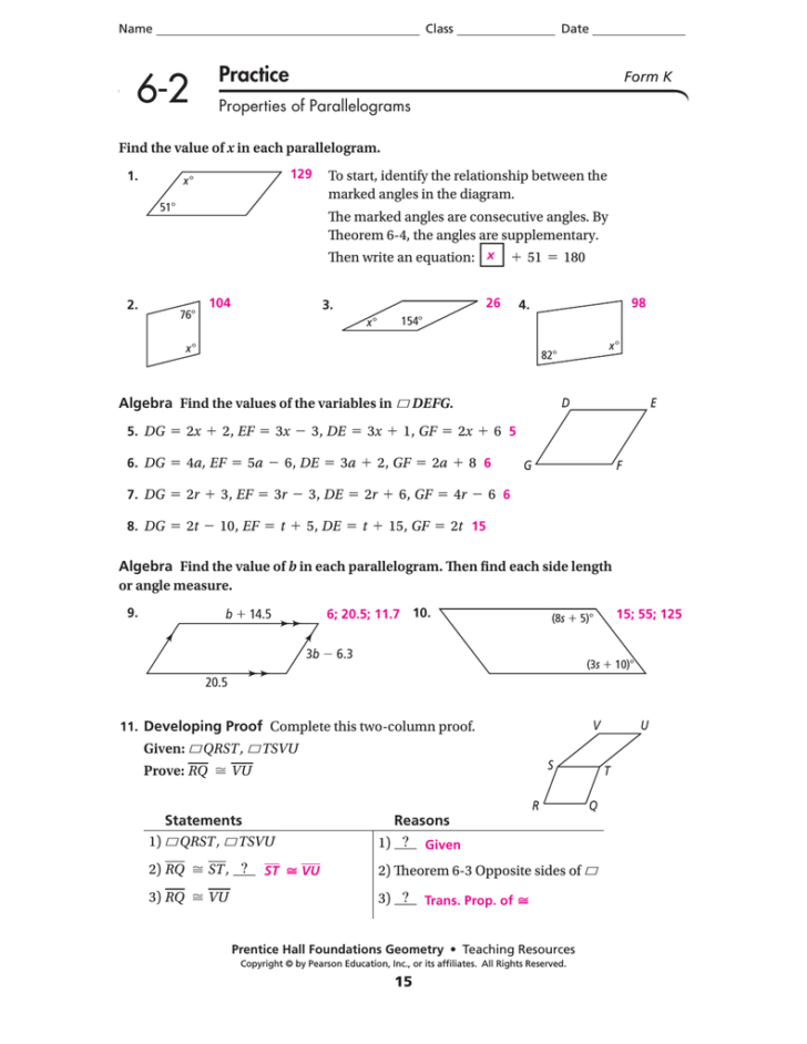 62 Practice Properties Of Parallelograms Db excel