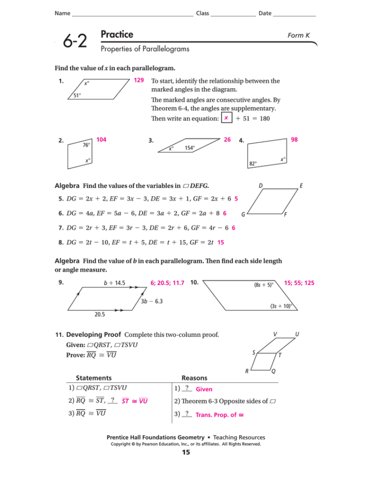 62 Practice Properties Of Parallelograms