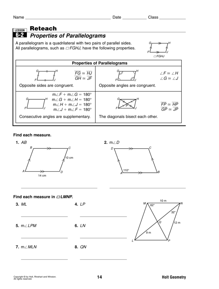 62 Reteach Properties Of Parallelograms