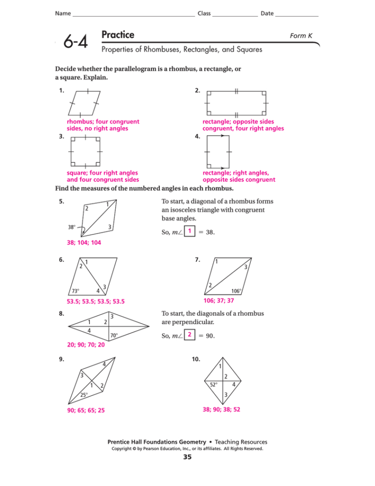 64 Practice Properties Of Rhombuses Rectangles And Squares