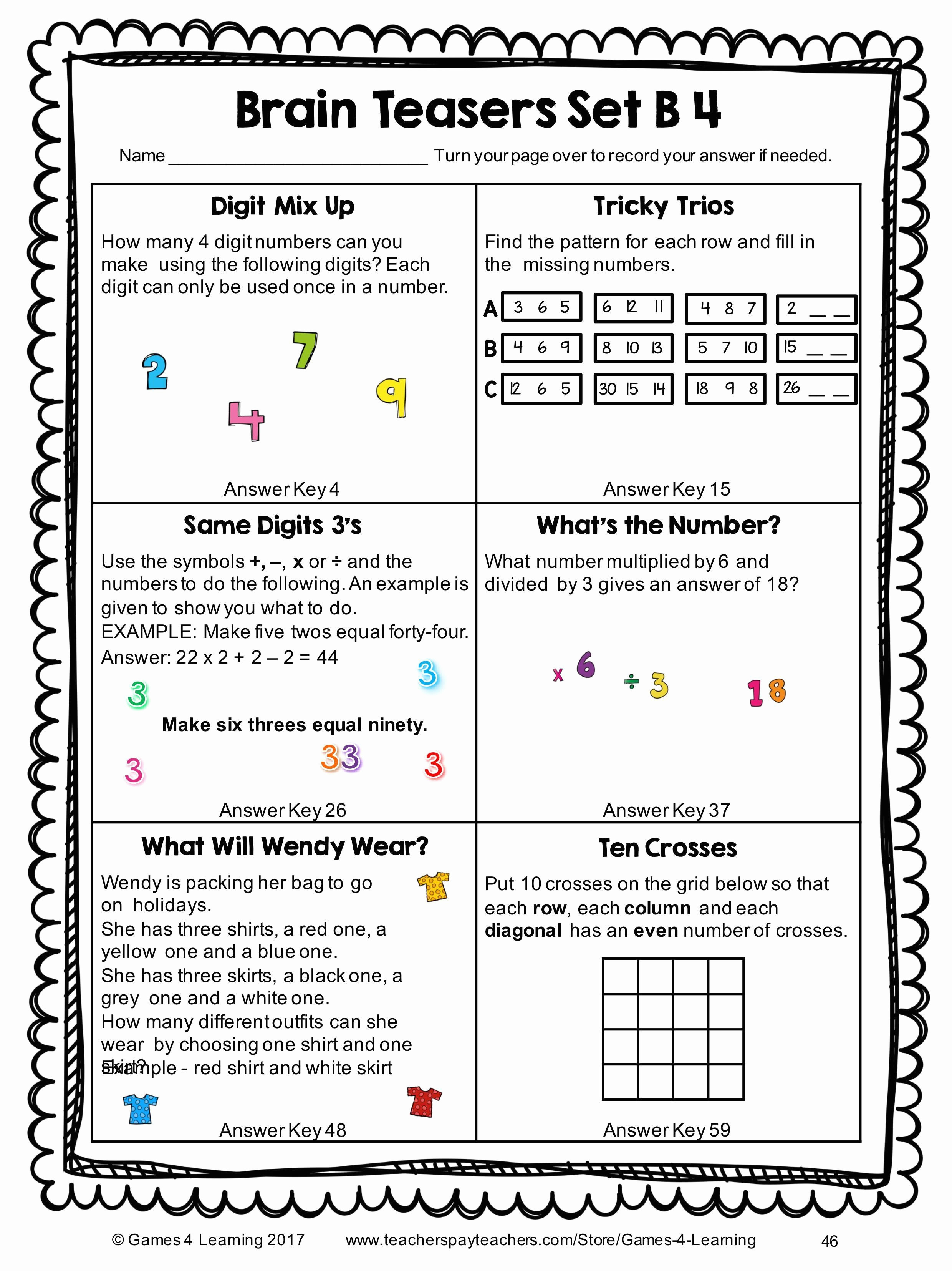 6Th Grade Brain Teasers Worksheets —