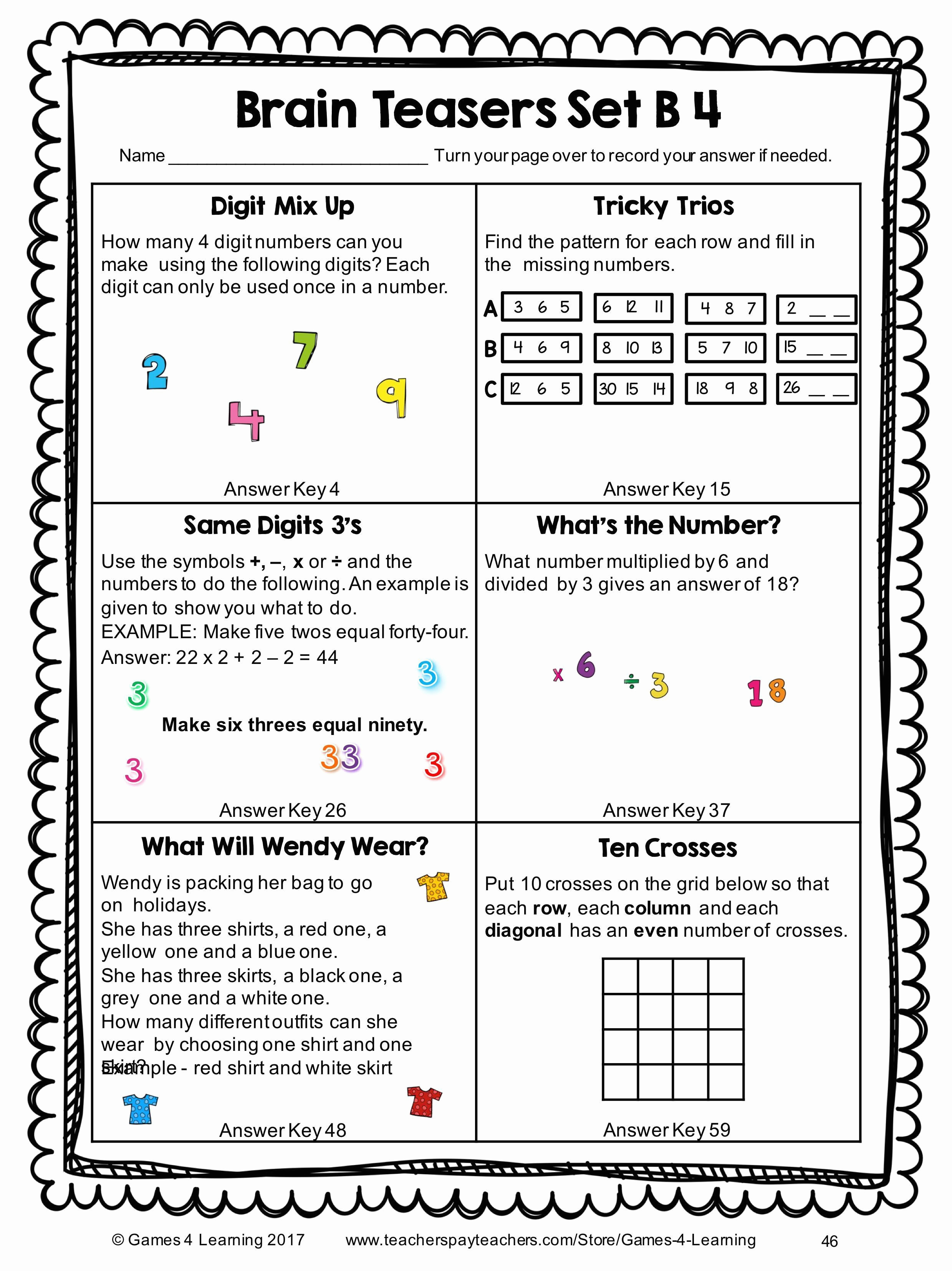 6Th Grade Math Brain Teasers Worksheets  Printable