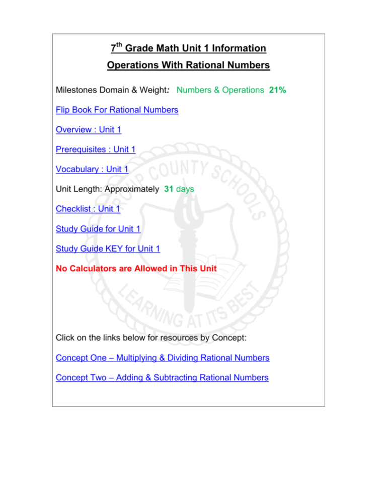 7 Grade Math Unit 1 Information Operations With Rational Numbers