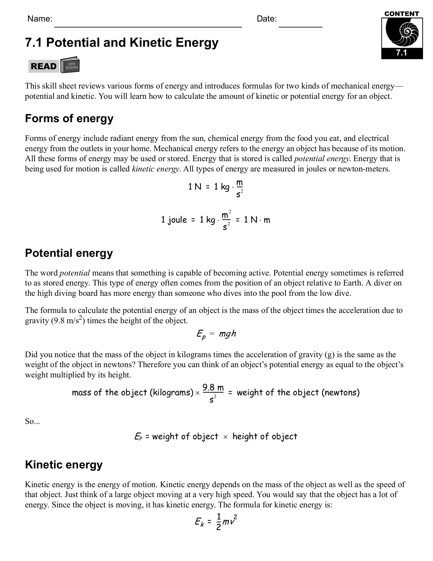 71 Potential And Kinetic Energy  Cpo Science Pages 1  29