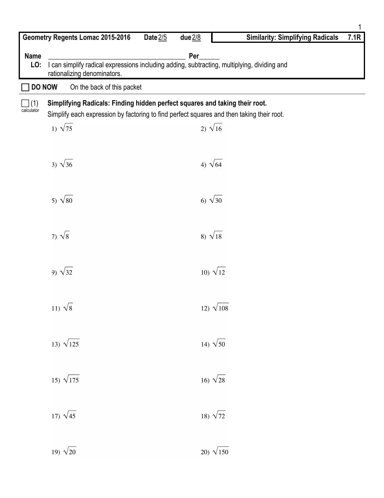 Simplifying Radicals Geometry Worksheet — db-excel.com