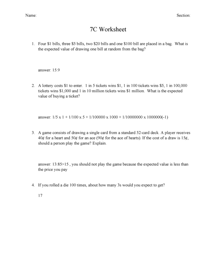 7C Worksheet  Mat 301 Probability And Mathematical