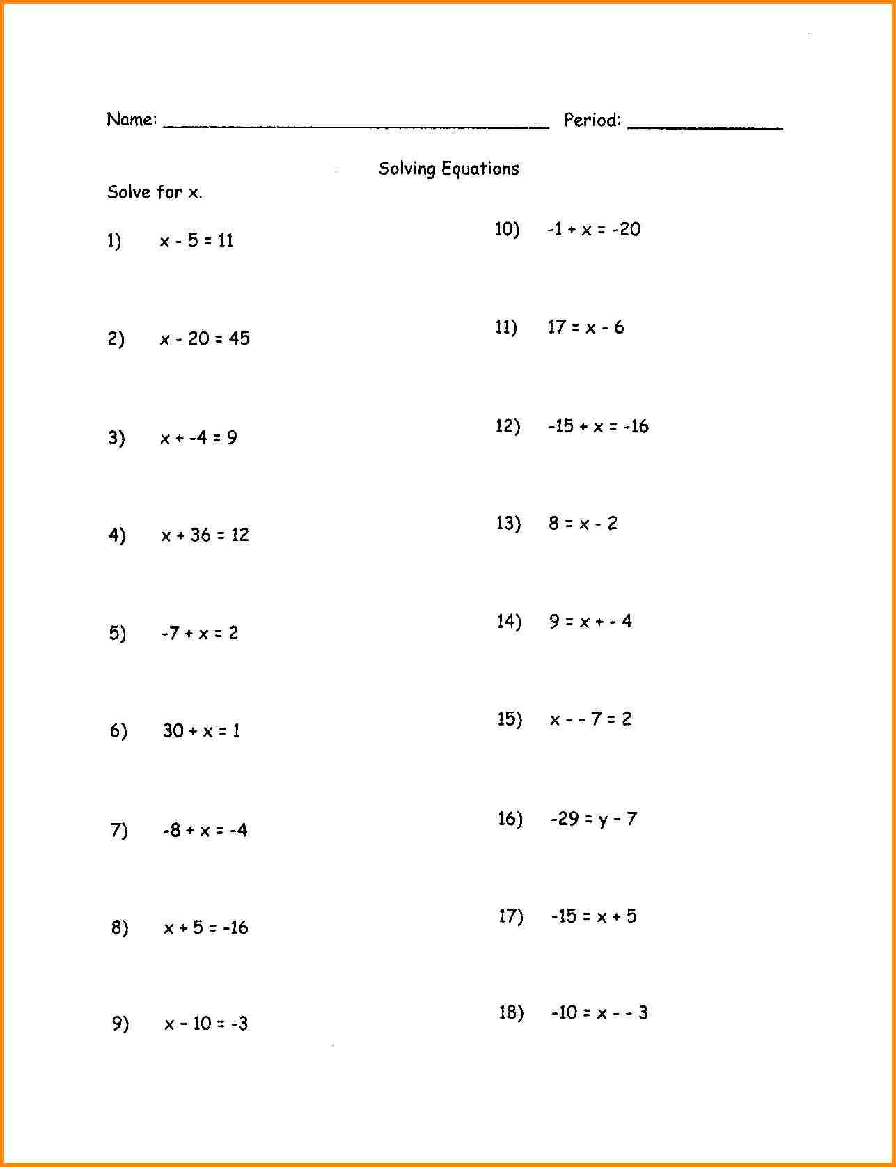 7Th Grade Algebra Worksheets 4Th Grade Math Worksheets Math