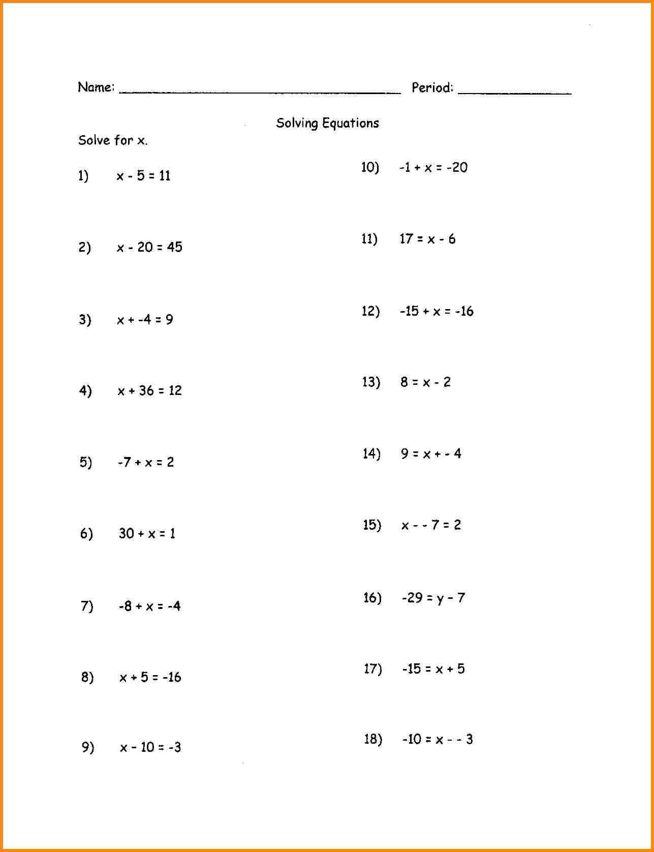 7Th Grade Algebra Worksheets 4Th Grade Math Worksheets Math