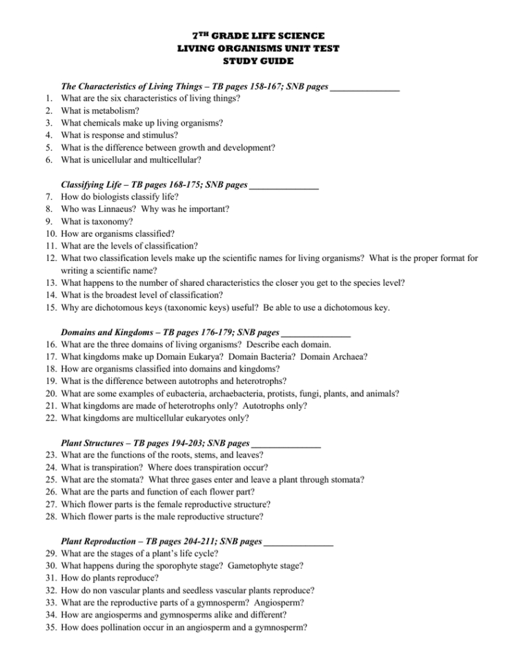 7Th Grade Life Science Living Organisms Unit Test