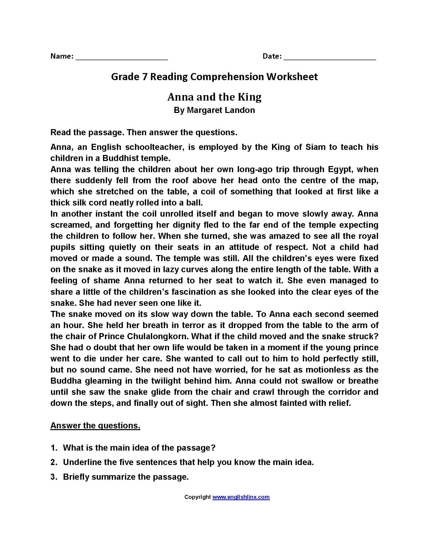 7Th Grade Reading Comprehension Worksheets Pdf Name Tracing
