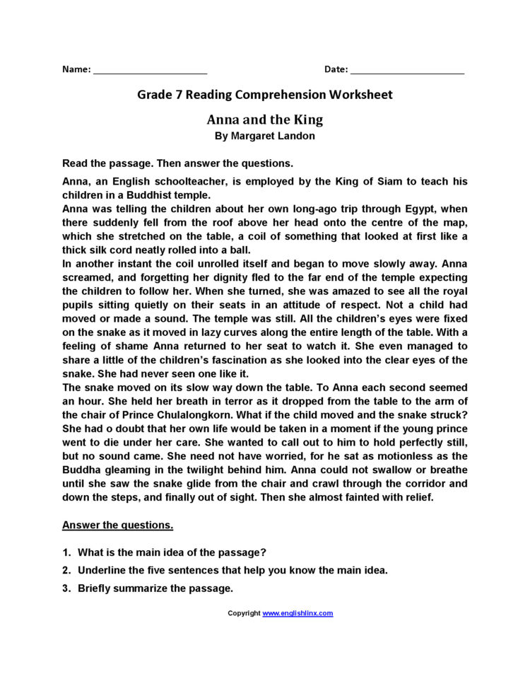 7Th Grade Reading Comprehension Worksheets Pdf Name Tracing
