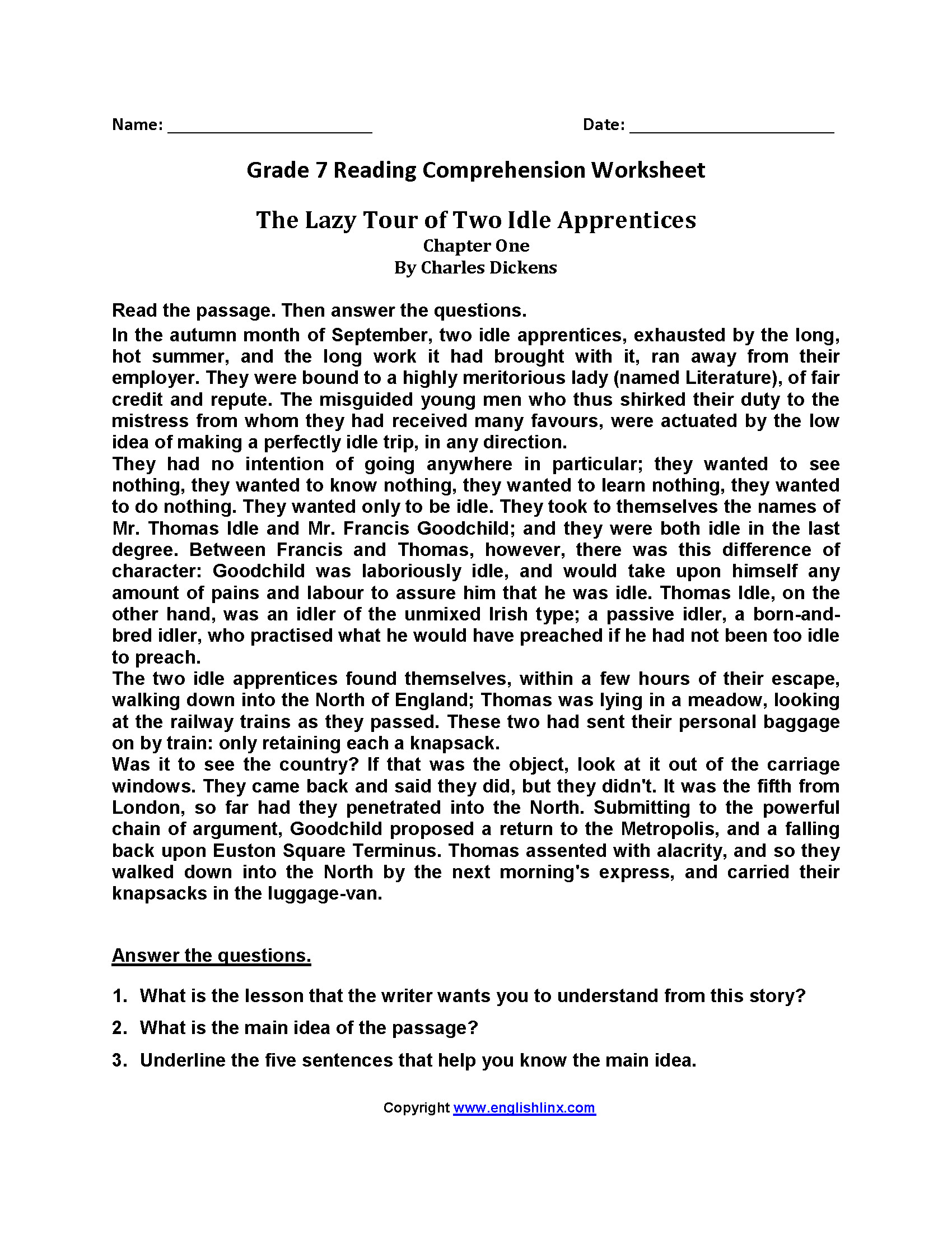 7Th Grade Reading Comprehension Worksheets Pdf Second Grade