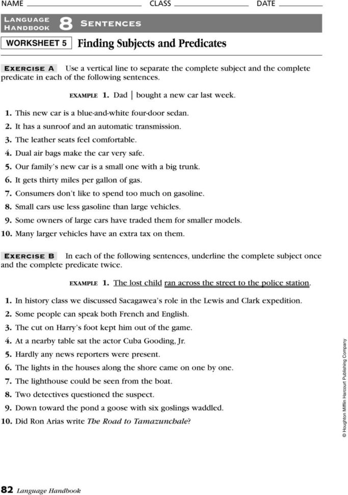 8 Sentences Finding Subjects And Predicates Language