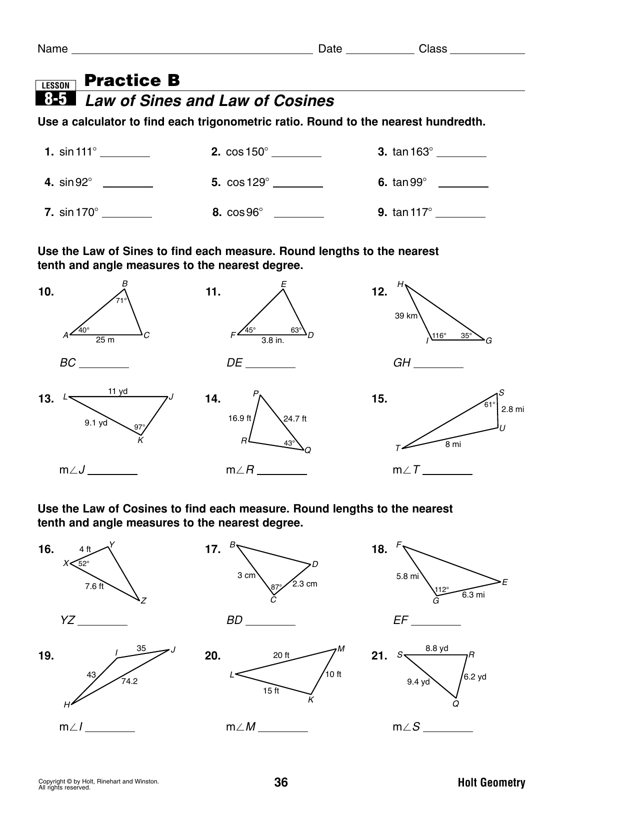 85 Practice B Law Of Sines And Law Of Cosines
