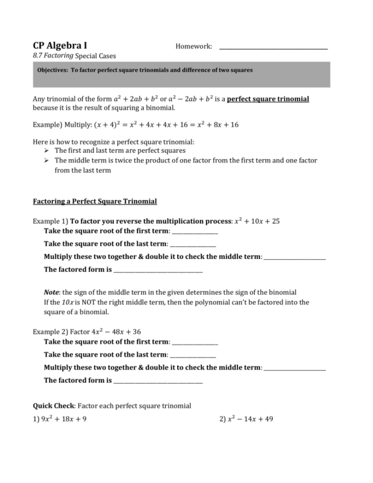 Factoring Perfect Square Trinomials Worksheet
