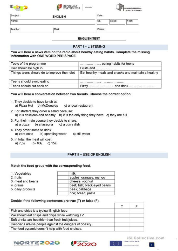 8Th Grade Healthy Eating Test Version A  English Esl
