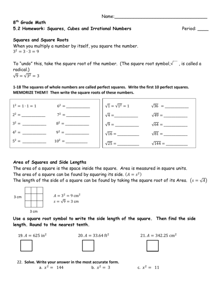 8Th Grade Math 52 Homework Squares Cubes And Irrational 8Th Grade Math 52 Homework Squares Cubes And Irrational