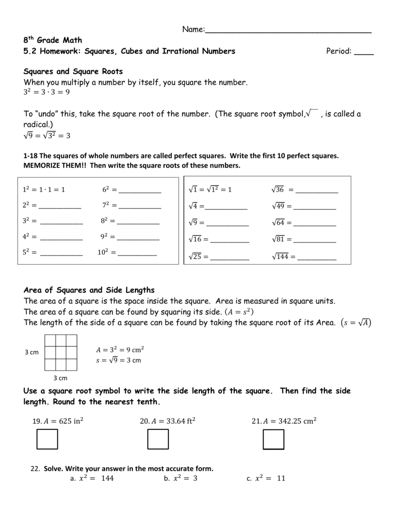 8Th Grade Math 52 Homework Squares Cubes And Irrational — db-excel.com