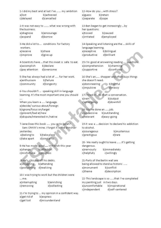 8Th Grade Vocabulary Test  Esl Worksheetnesreenn22