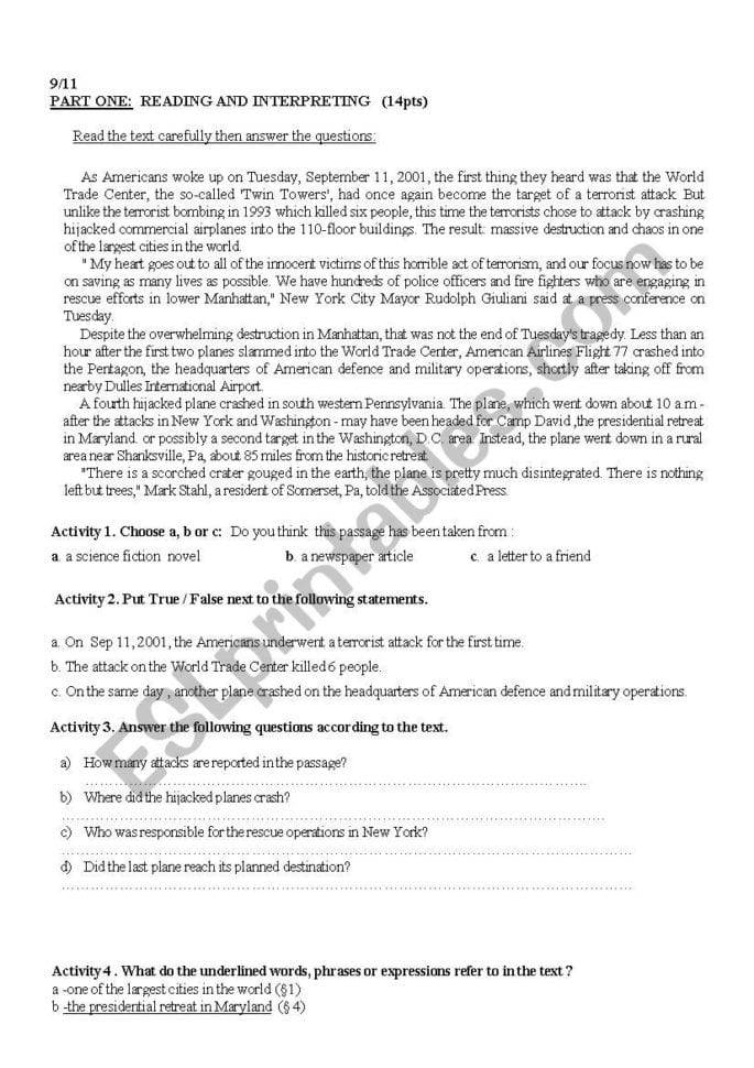 9 11 World Trade Center Reading Comprehension  Esl