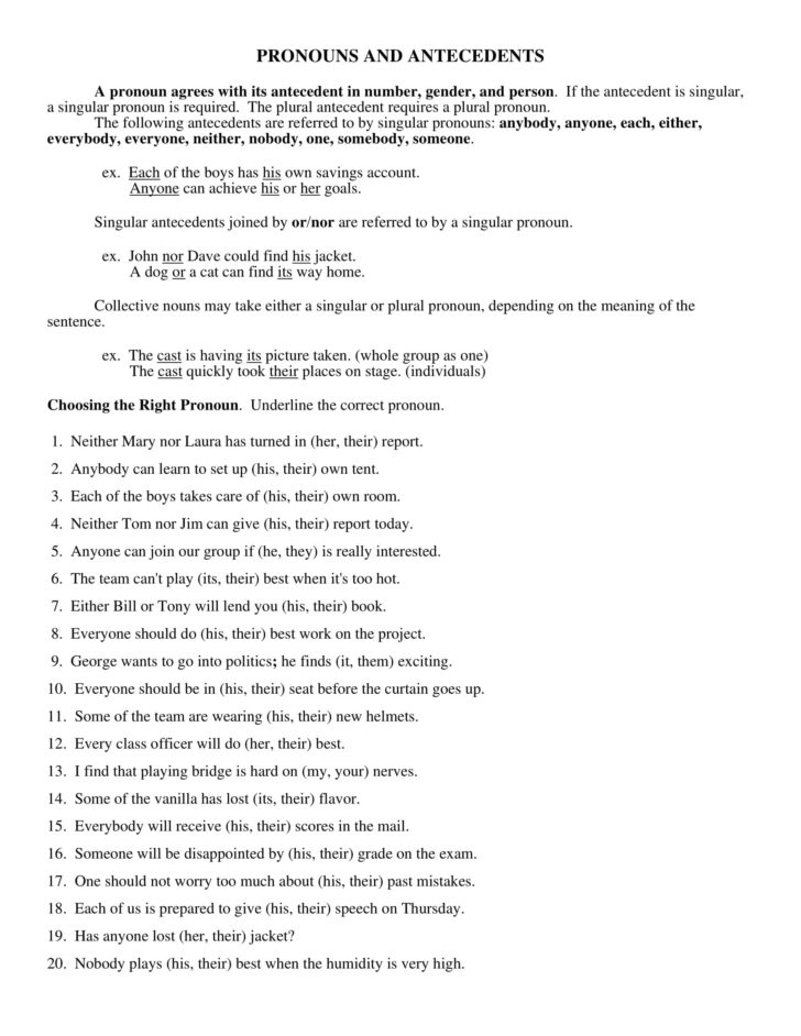 Pronoun Agreement Worksheet Pdf