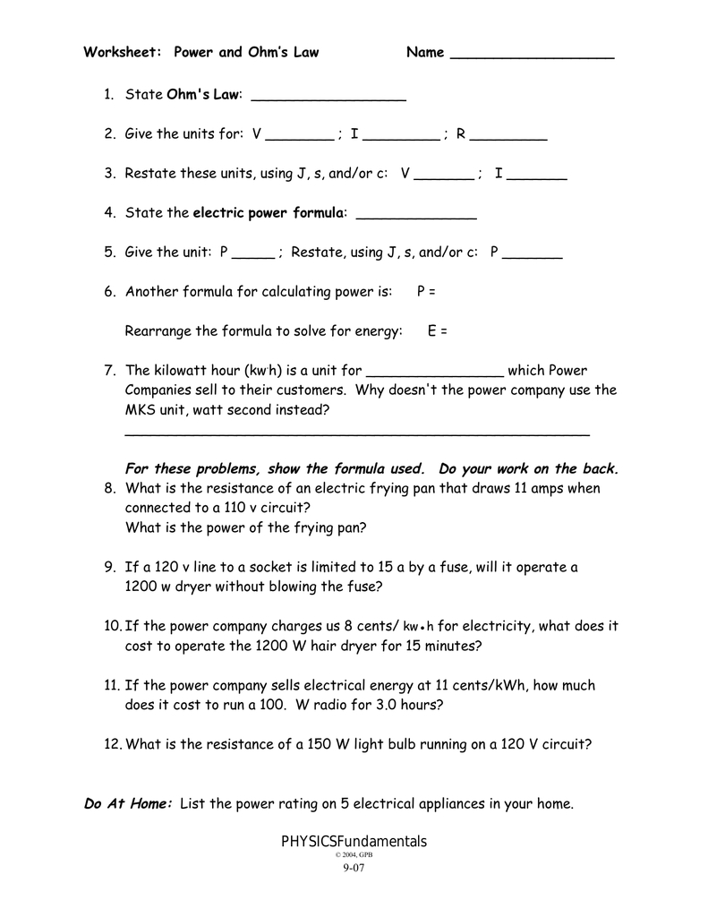 907 Worksheet  Power And Ohms Law