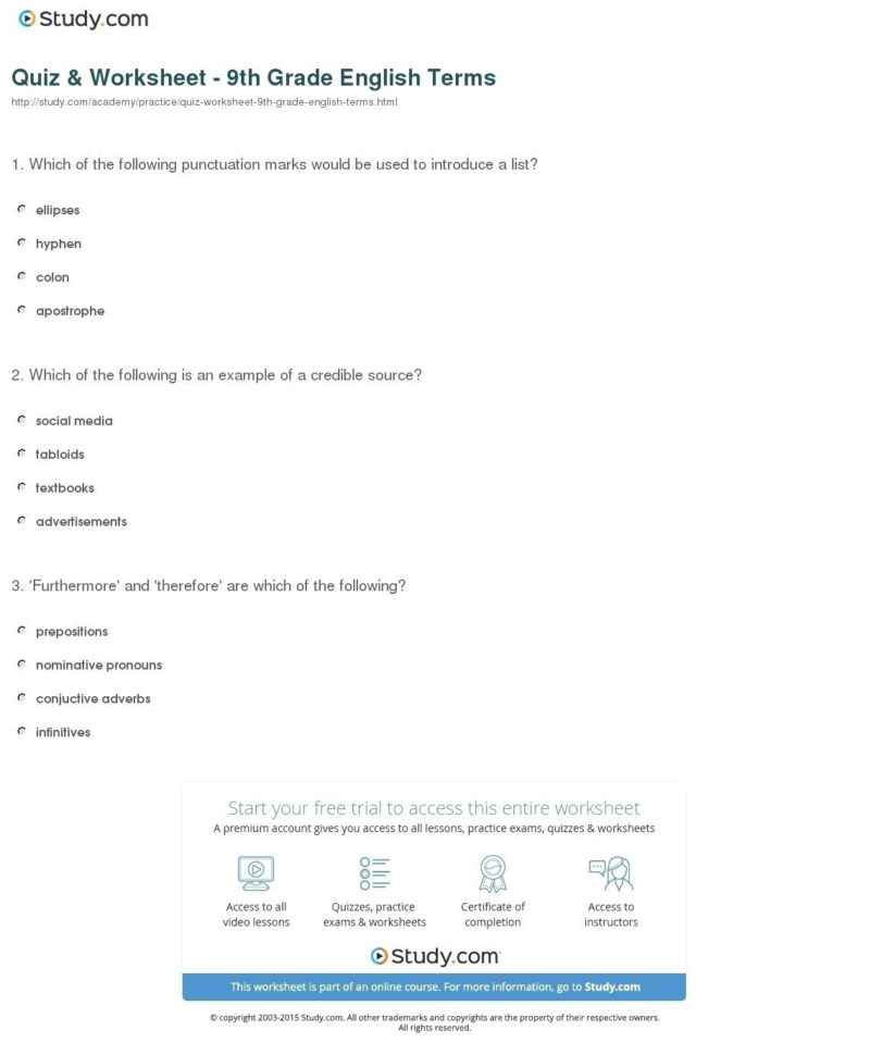 9Th Grade English Worksheets Free Printable  Free Printable