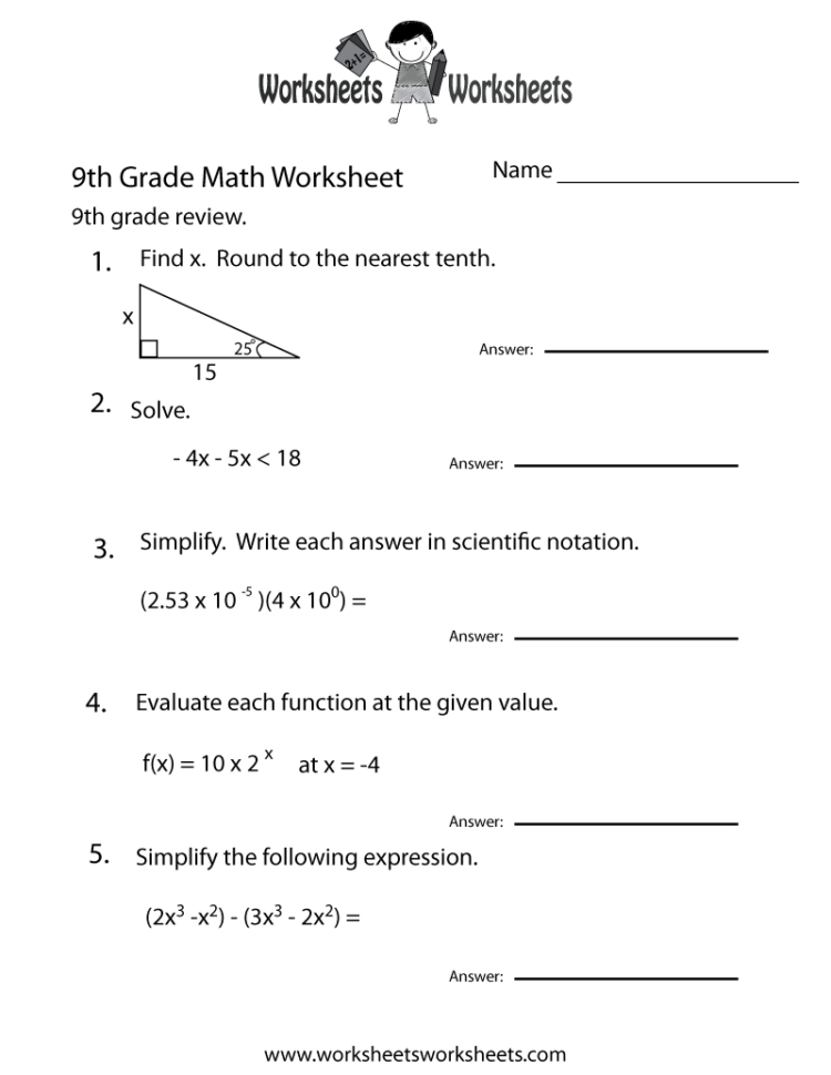 9Th Grade Math Review Worksheet  Free Printable Educational