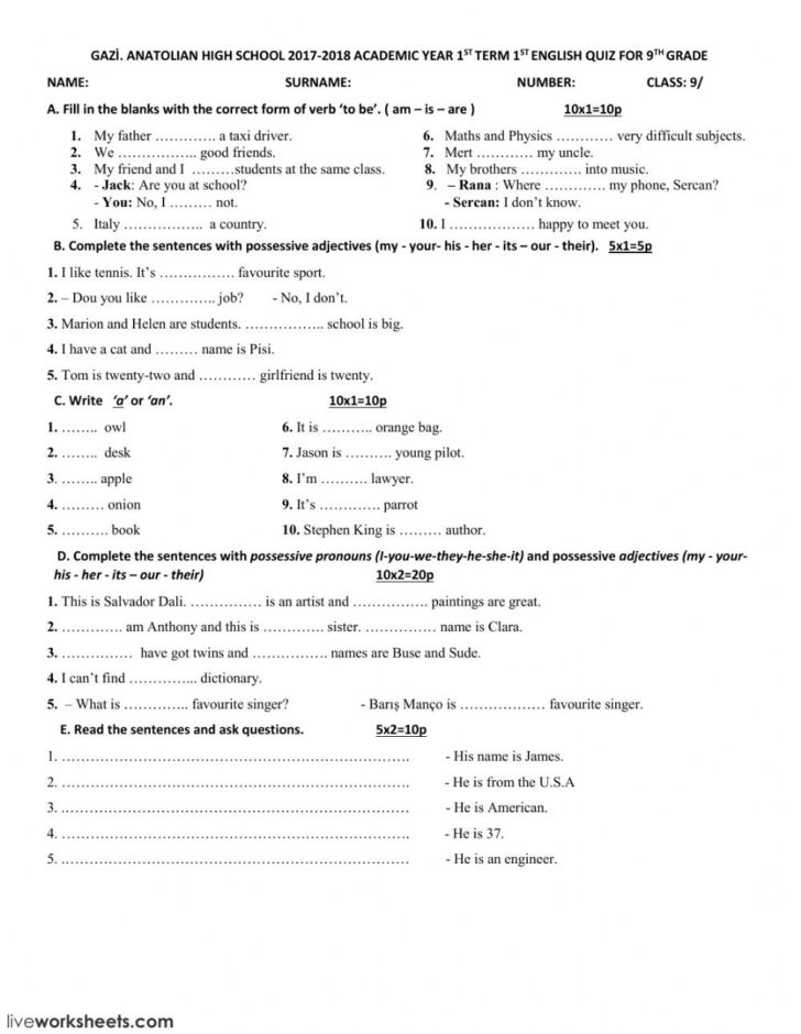 9Th Grade English Worksheets