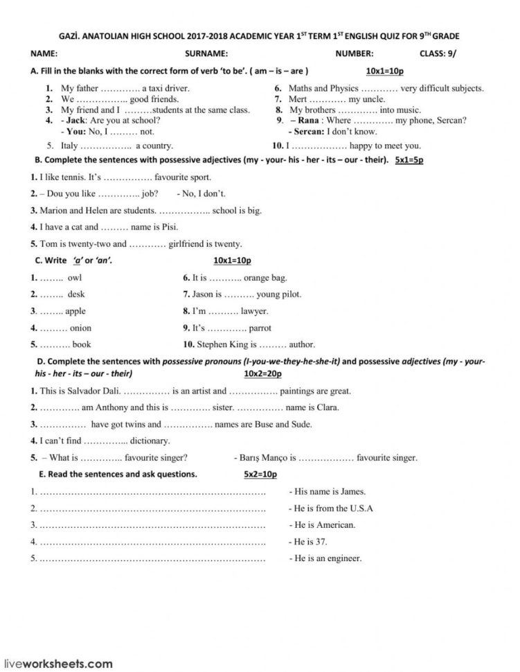 9Th Grades 1St Term Quiz  Interactive Worksheet