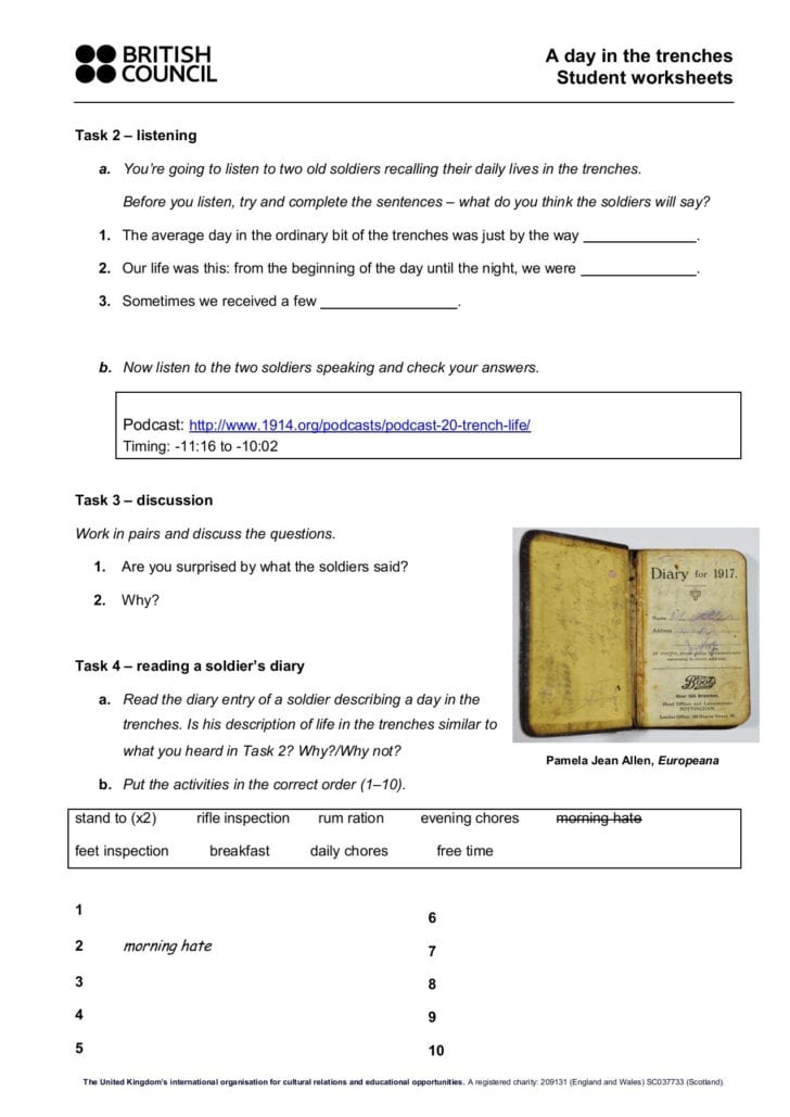 Life In The Trenches Worksheet