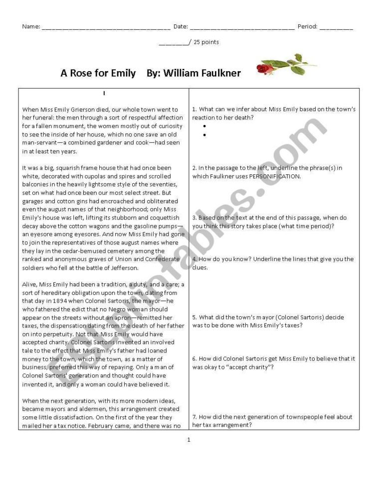 A Rose For Emily" Text  Questions  Esl Worksheetldiaconis