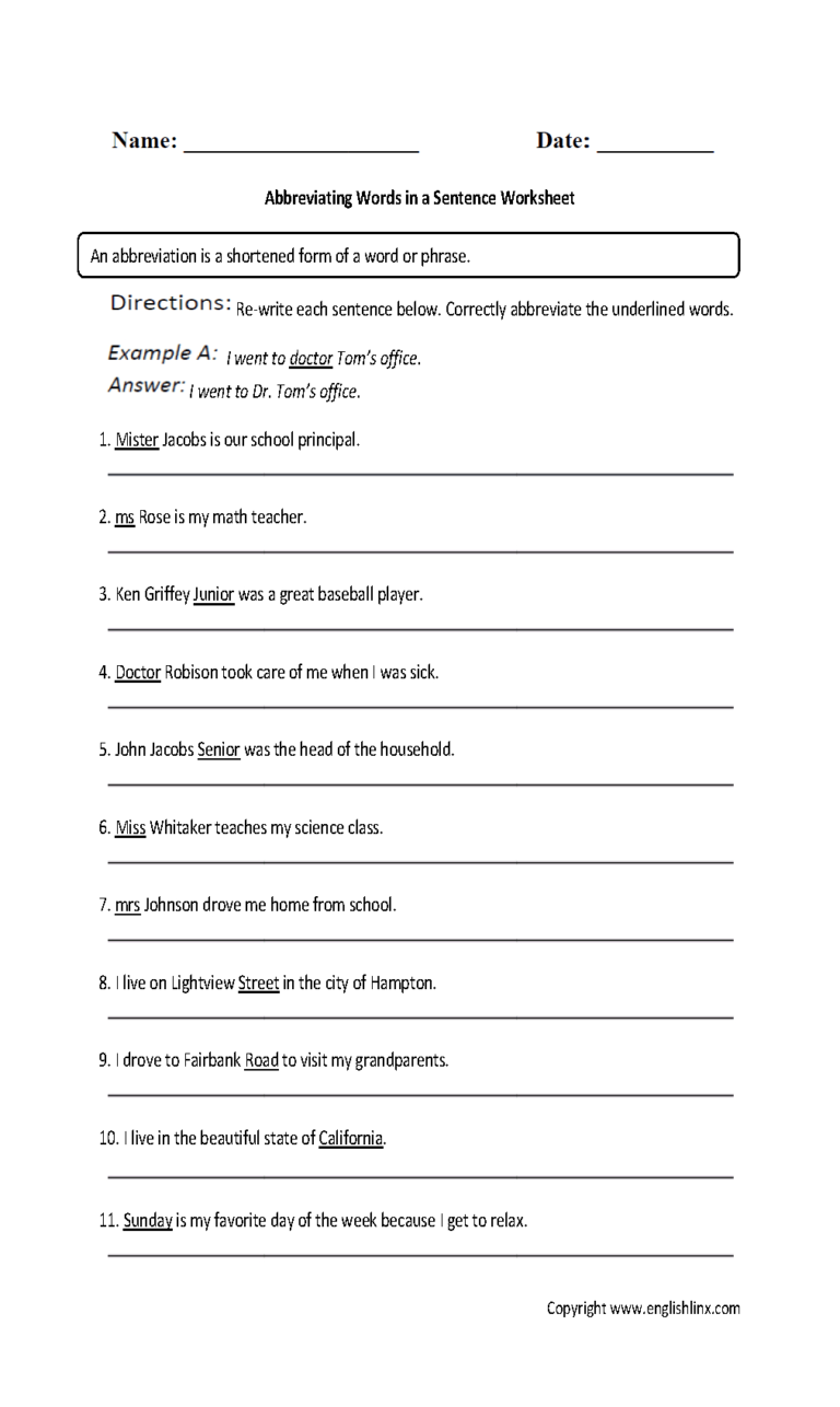 Abbreviations Worksheets Abbreviating Words In A Sentence — Db-excel.com