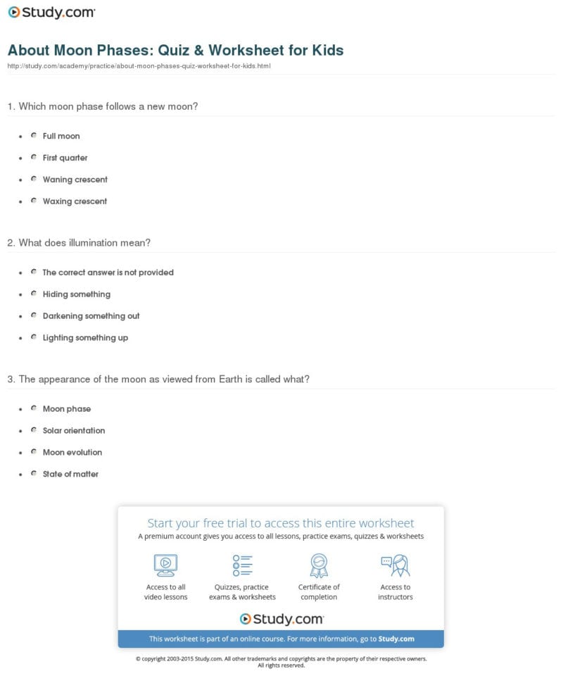 About Moon Phases Quiz  Worksheet For Kids  Study